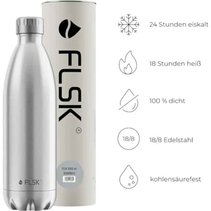 FLSK Trinkflasche Stainless 1000ml - Premium Edelstahl, Auslaufsicher & Kohlensäure geeignet, 24 Std. Kalt & 18 Std. Heiß – Bild 3