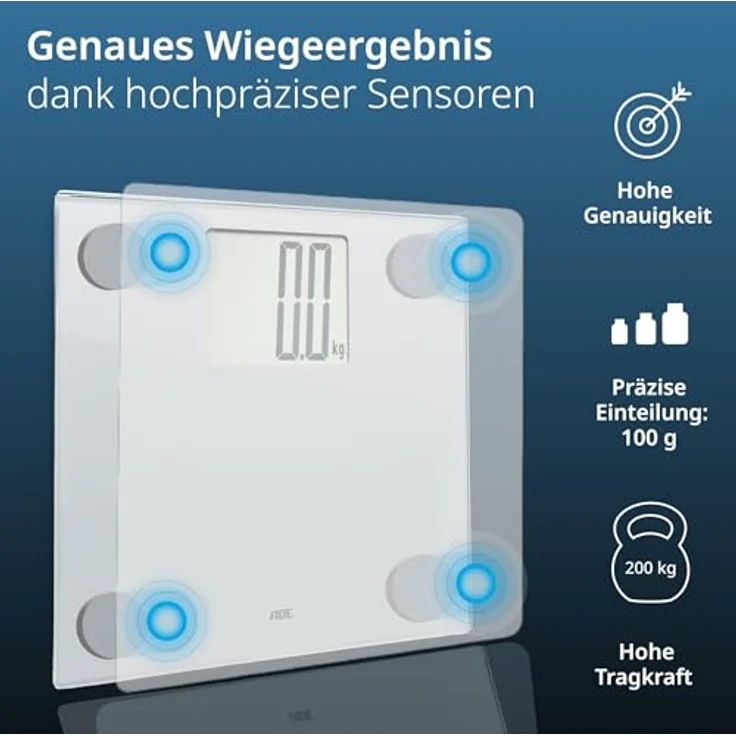 ADE Digitale Personenwaage XXL mit hoher Tragkraft bis 200 kg | leicht ablesbares Display 10,6 x 9,1 cm | silber – Bild 2