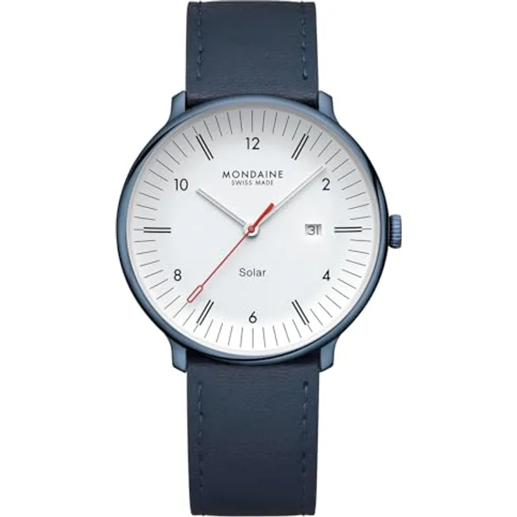 Mondaine Unisex Analog Uhr MLE.41910.LQV, Schweizer Quarzwerk mit blauem Lederarmband, Kratzfest, Solar, Kalender