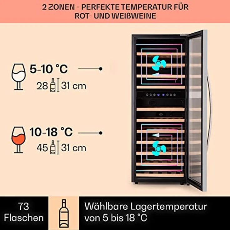 Klarstein Vinamour 73 Duo Weinkühlschrank, freistehend, silber, 73 Flaschen, 2 Temperaturzonen, 5-18°C, Touch, Energieklasse G – Bild 4
