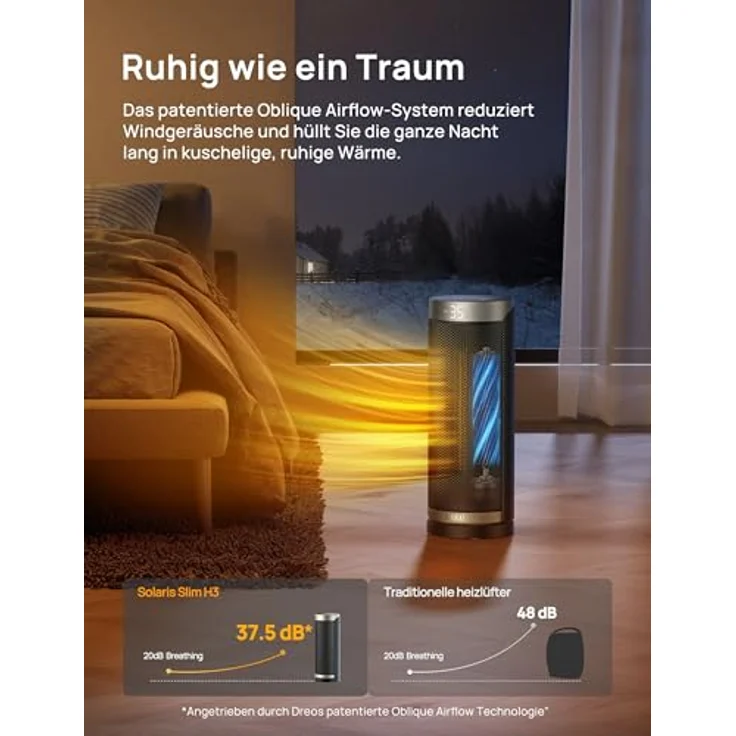 Dreo Heizlüfter Energiesparend, PTC Keramik Heizlüfte Leise, 70° Oszillierend Elektroheizung mit Fernbedienung, 12-Std-Timer, 3 Modi 3 Geschwindigkeiten, Überhitzungs-Kippschutz, Solaris Slim H3, weiß – Bild 5