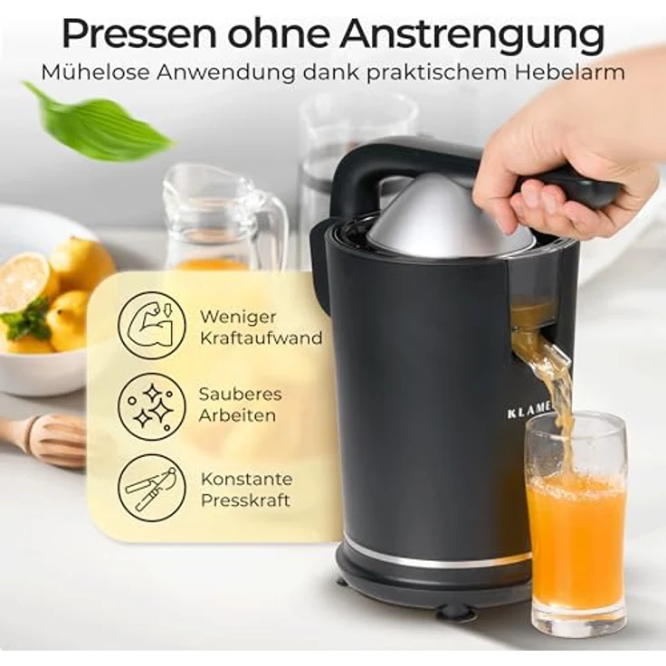 KLAMER Elektrische Saftpresse mit zwei Presskegeln, Zitruspresse für Orangen, Zitronen, Limetten & Grapefruit, BPA frei, spülmaschinengeeignet, hohe Saftausbeute – Bild 4