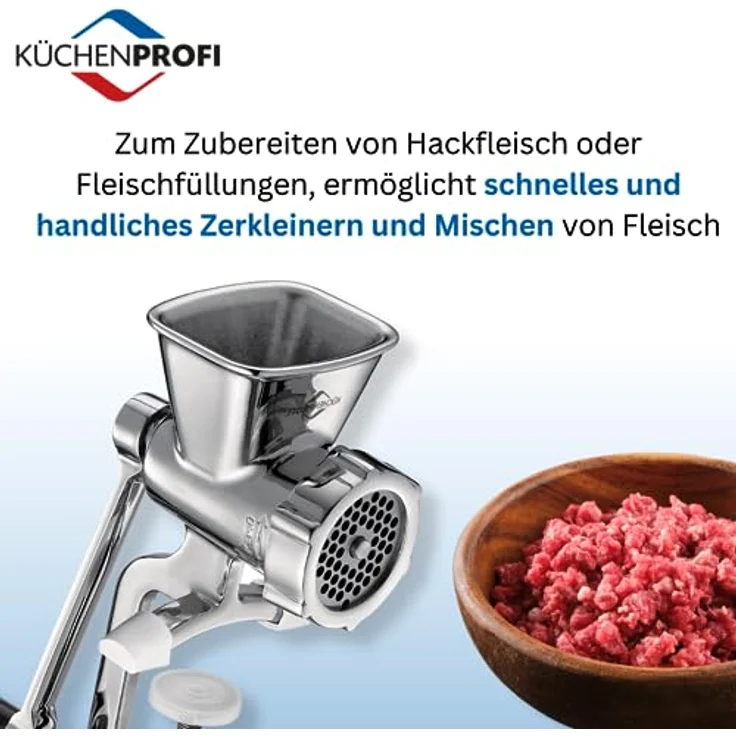 Küchenprofi SOLIDO Edelstahl Fleischwolf manuell, inkl. 3 Lochscheiben u. Spritzgebäckvorsatz, zum Zerkleinern von Fleisch, als Gebäckpresse für Spritzgebäck u.m., ​mit extra großer Tischklemme – Bild 2