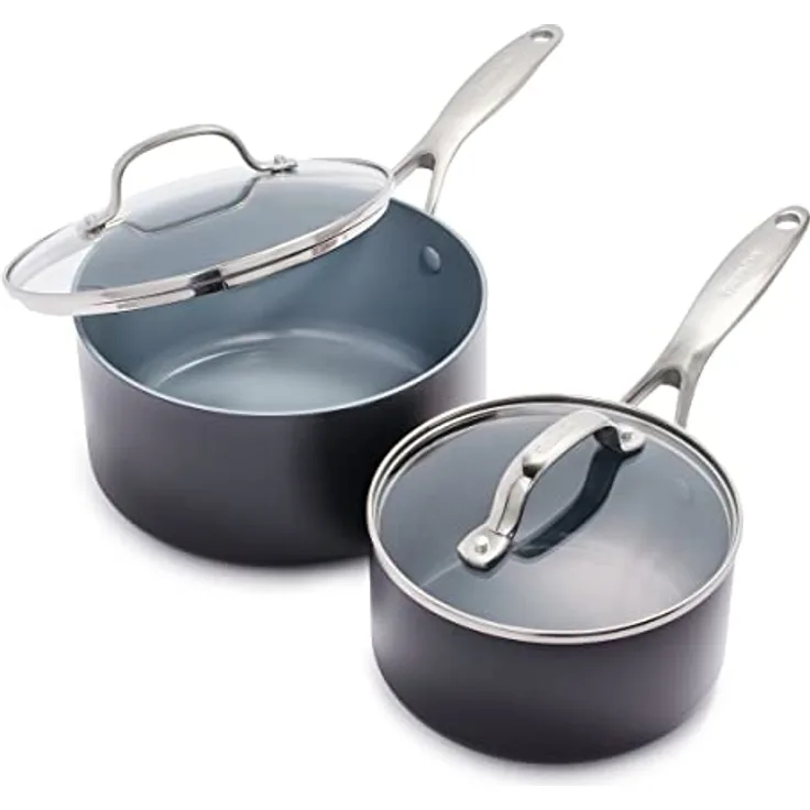 GreenPan Valencia Pro Harteloxierte Gesunde Keramik Antihaft 16cm & 20cm Kochtopf Set, 2 Stück Set, PFAS-frei, Induktion, Spülmaschinenfest, Backofenfest, Grau