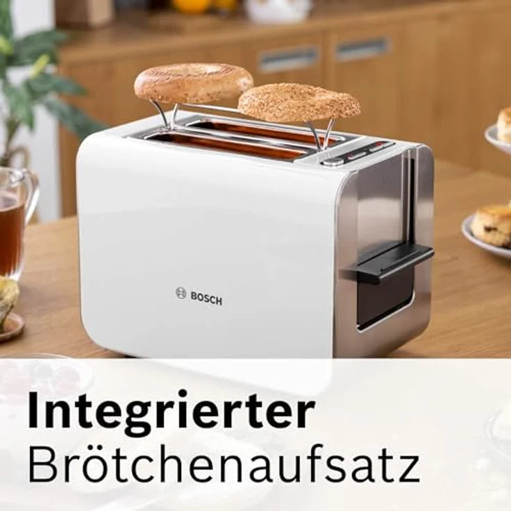 Bosch Toaster Styline TAT8611N, integrierter Brötchenaufsatz, Liftfunktion, Auftaufunktion, Abschaltautomatik, Brotzentrierung, 800 W, Edelstahl/weiß – Bild 3
