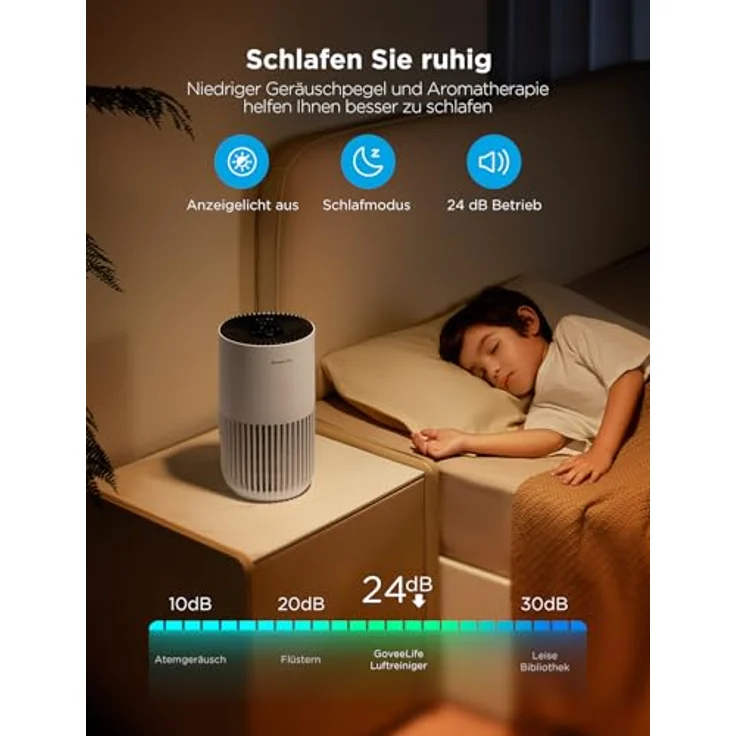 GoveeLife Mini-Luftreiniger für das Schlafzimmer, HEPA Smart Filter Luftreiniger mit Alexa App Steuerung - tragbarer Luftreiniger mit 3 Geschwindigkeiten, Timer, leiser Betrieb - Weiß – Bild 5