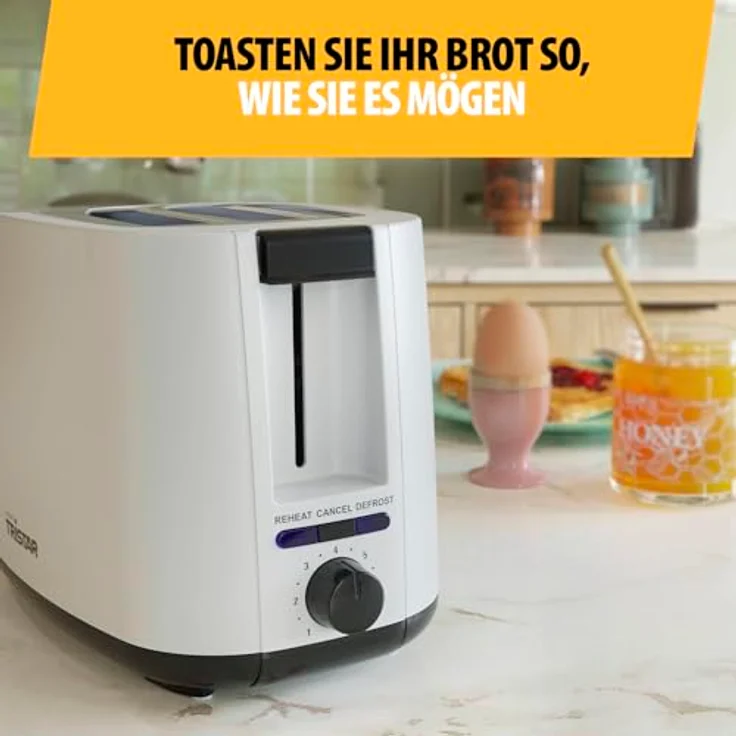 Tristar Toaster BR-1055, 2 Toastschlitze, 7 Bräunungsstufen, Brötchenaufsatz, Auftaufunktion, Liftfunktion, Zentrierfunktion, Abbruchfunktion, Weiß – Bild 3