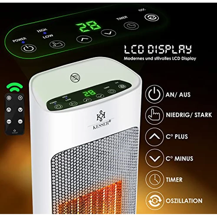 KESSER Heizlüfter mit Fernbedienung energiesparend leise 2000W Keramik Heizstrahler Standheizstrahler 15-30°C - Schnellheizer mit 80° Oszillationsfunktion 24h Timer Heizung Turmheizstrahler Weiß, Heizstrahler – Bild 3