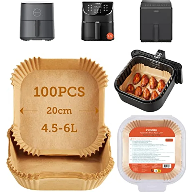 COSORI Backpapier für Heißluftfritteuse 4,5-6L, 100 Stück, 20cm, Ungebleichte und antihaftbeschichtete quadratische Einwegpapier für Airfryer, Backofen, Mikrowelle, Dampfgarer, Öl- und wasserdicht