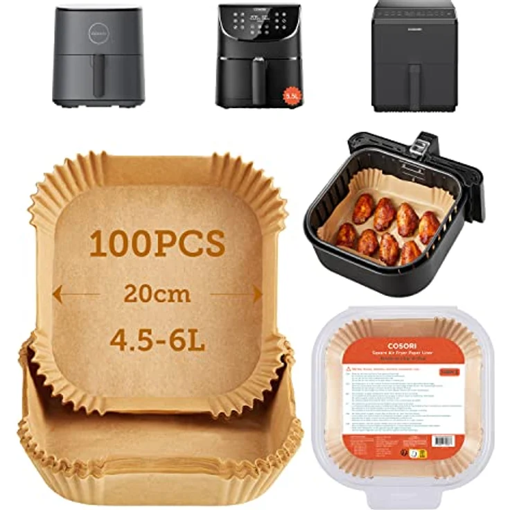 COSORI Backpapier für Heißluftfritteuse 4,5-6L, 100 Stück, 20cm, Ungebleichte und antihaftbeschichtete quadratische Einwegpapier für Airfryer, Backofen, Mikrowelle, Dampfgarer, Öl- und wasserdicht – Bild 1