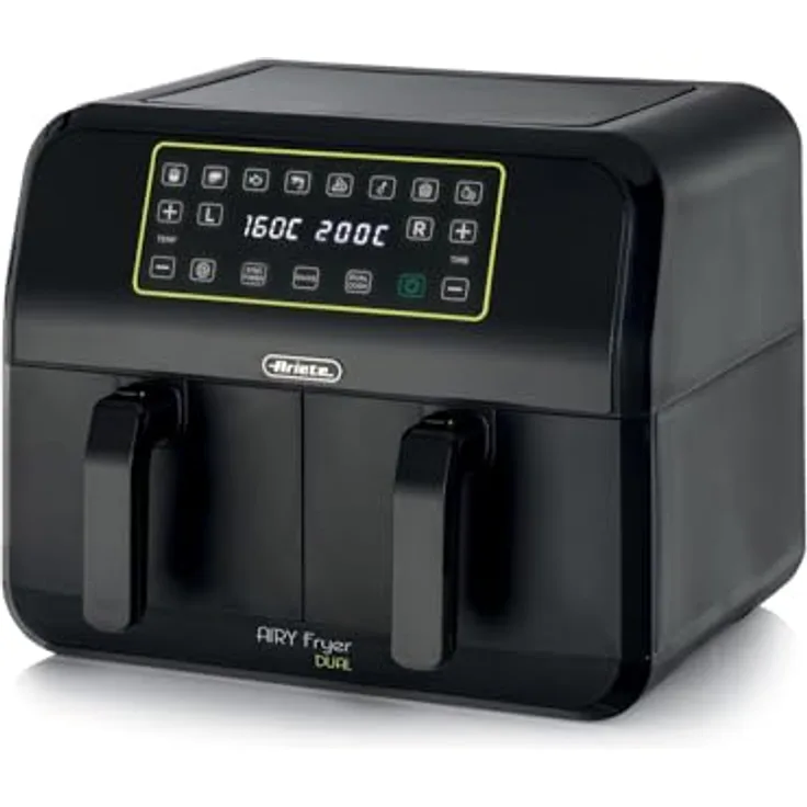 Ariete 4623 Airy Fryer Dual, Luftfritteuse mit Doppelkorb, 1700 W, 8 l Fassungsvermögen, digitales LED-Touch-Panel, 8 Programme, Timer, 2 Körbe, schwarz