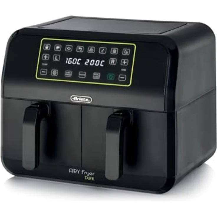Ariete 4623 Airy Fryer Dual, Luftfritteuse mit Doppelkorb, 1700 W, 8 l Fassungsvermögen, digitales LED-Touch-Panel, 8 Programme, Timer, 2 Körbe, schwarz – Bild 1