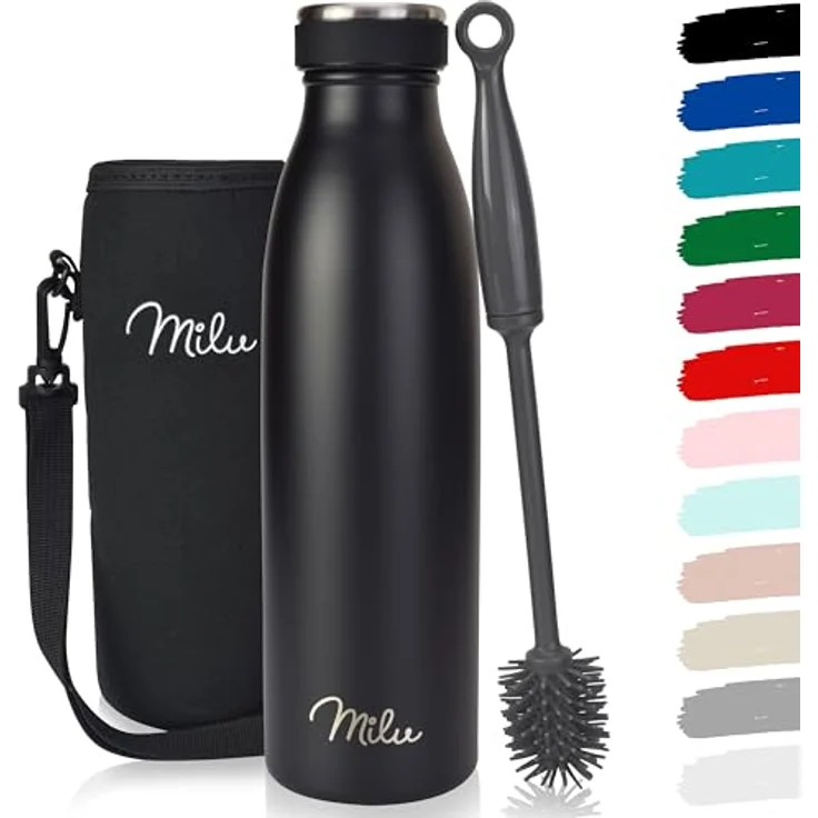 Milu Thermoflasche 500ml, doppelwandige Edelstahl Trinkflasche, auslaufsicher und kohlensäuregeeignet, schwarz – Bild 1