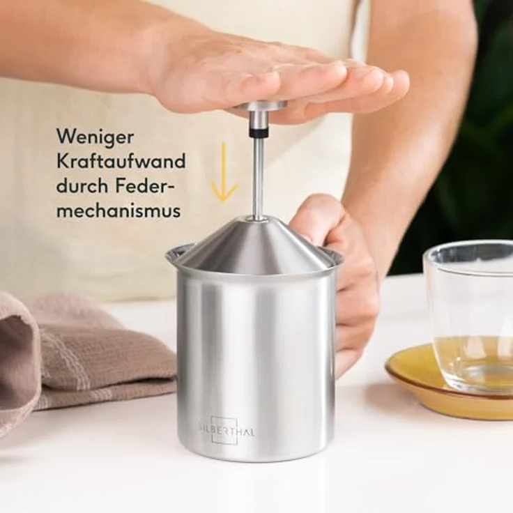 SILBERTHAL Milchaufschäumer Manuell Edelstahl - 400ml - Perfekter Milchschaum dank doppeltem Sieb und speziellem Drückmechanismus - Preisvergleich – Bild 3