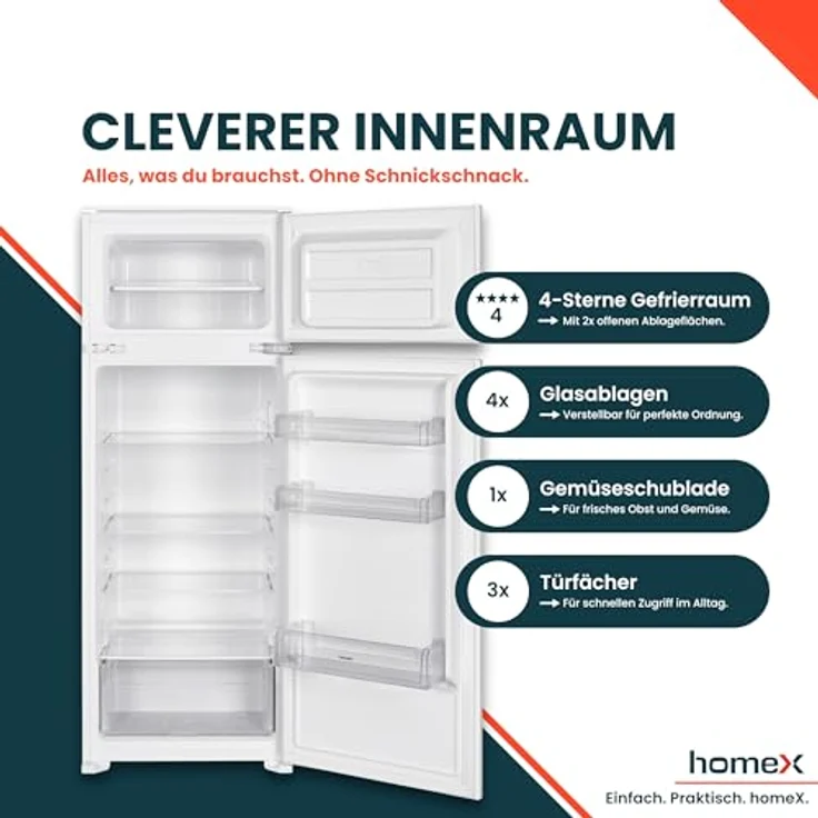 homeX CFB2051E Einbaukühlschrank mit Gefrierfach, 205 Liter, Schlepptür, für 145 cm Nische, Energieeffizienzklasse E, leiser Betrieb 37 dB – Bild 4