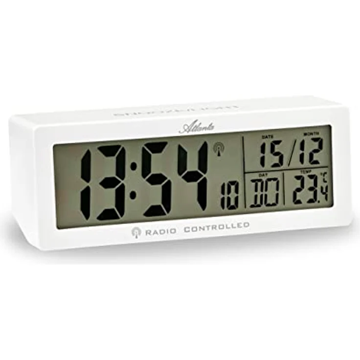 Atlanta Funkwecker Digital LCD-Anzeige mit Lautstärkeregelung, Temperaturanzeige, Crescendo-Alarmsignal und Snooze-Funktion, Weiß – Bild 1