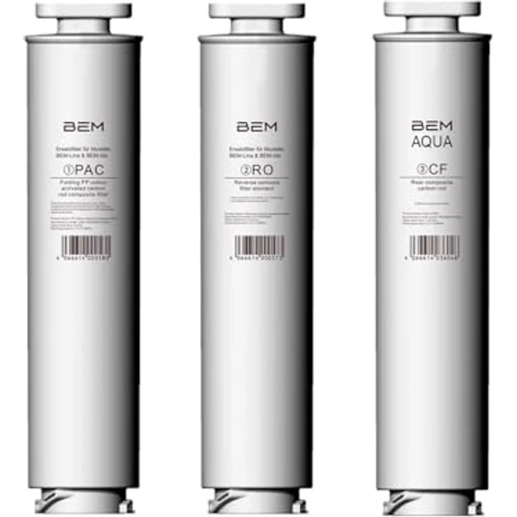 BEM 3er-SET Ersatzfilter (RO, PAC, CF mit Mineralisator) für LINA und IDA Wasserfilter, Polypropylen-/Baumwollstab mit Aktivkohle, Umkehrosmose, Komposit-Kohlenstoffstab – Bild 1