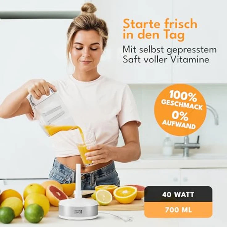 Lebenlang Elektrische Zitruspresse, 40 W, BPA-frei, zwei Drehrichtungen, spülmaschinenfest, Auto ON/OFF, 700 ml Behälter – Bild 3