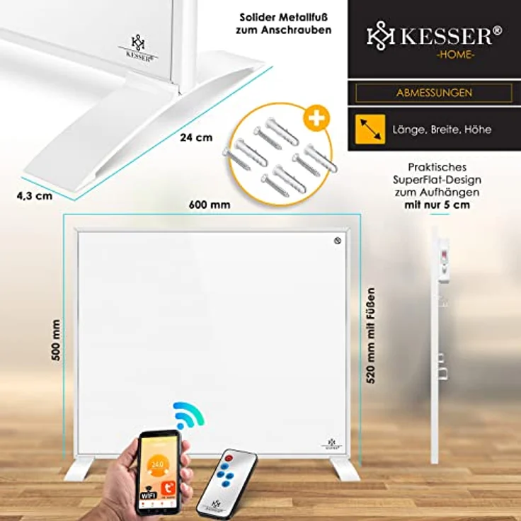 KESSER Infrarotheizung Energiesparend Infrarot 2in1 Standgerät & Wandmontage Elektroheizung mit Fernbedienung Thermostat & App-Steuerung Timer Elektrisch Heizpaneel Heizung Konvektor Standfüße Weiß, 350W, Heizstrahler – Bild 7