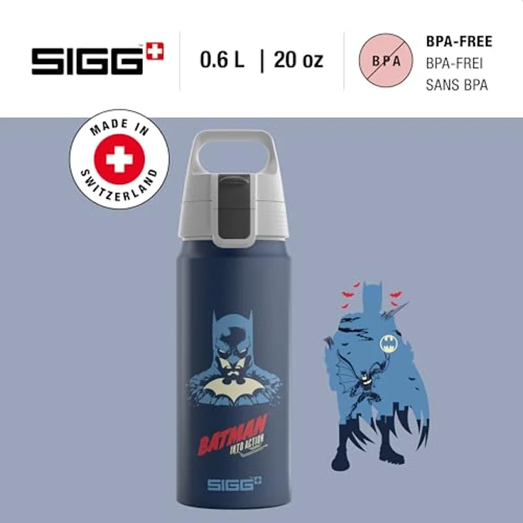 Sigg Trinkflasche, Aluminium, 0,6 L, Blau, auslaufsicher und kohlensäuregeeignet mit Batman-Motiv – Bild 2