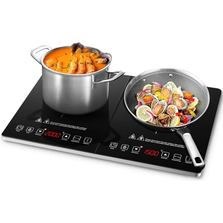 AMZCHEF induktionskochfeld 2 platten, Doppel-induktionskochplatte mit 20 Temperaturstufen, 3500W, 3-Stunden-Timer, Sicherheitssperre - Schwarz/silber