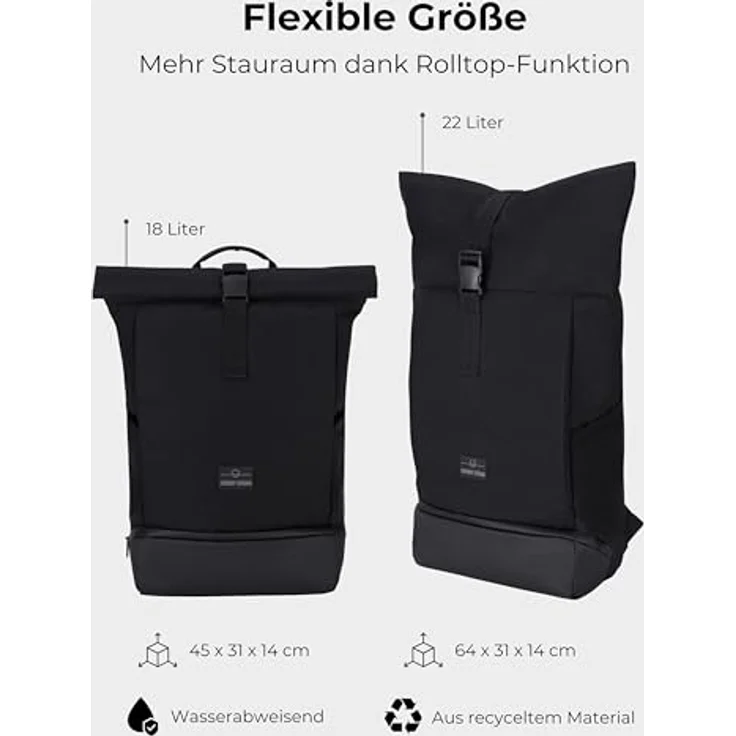 Johnny Urban Cityrucksack Allen Large, Rolltop Damen Herren, Laptop Fach, Wasserabweisend - schwarz – Bild 3