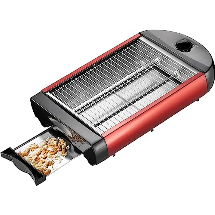 EPIQ 80001211 Flach-Toaster, Tisch-Röster, Edelstahl-Design, Sandwiches, Baguette, 600 Watt Leistung, Rücklauftimer, Krümelschublade, rot schwarz – Bild 3