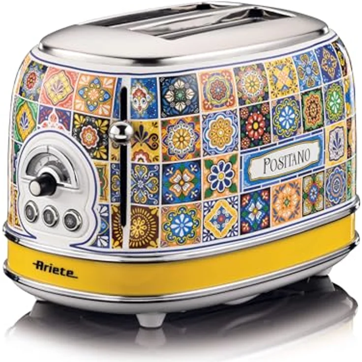 Ariete Toaster 155 Positano, Mediterranes Design, 2 Breite Schlitze, 6 Bräunungsstufen mit Automatischem Auswurf, Krümelfach, Toast-, Aufwärm- und Auftaufunktion, 810W, Blau – Bild 1