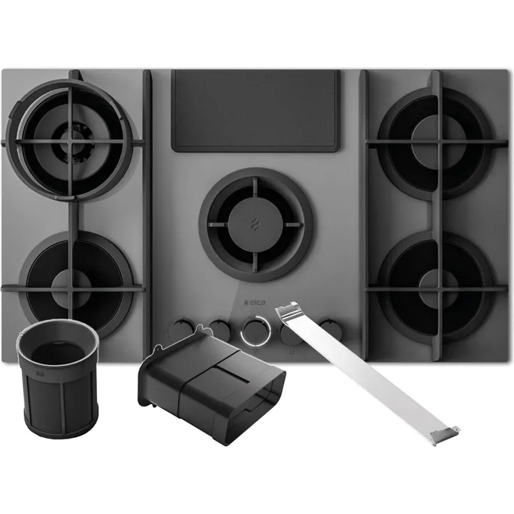 Elica NikolaTesla Flame Evo PRF0196343, Gaskochfeld mit Dunstabzug in Grau/Schwarz, 4 Brenner, Umluft-Installationsset KIT0199838