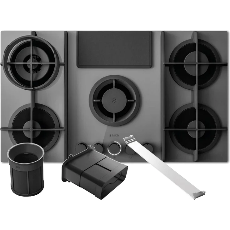 Elica NikolaTesla Flame Evo PRF0196343, Gaskochfeld mit Dunstabzug in Grau/Schwarz, 4 Brenner, Umluft-Installationsset KIT0199838