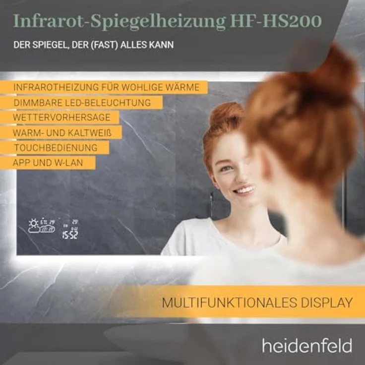 Heidenfeld Infrarot Spiegelheizung Infrarotheizung Wetteranzeige Wifi LED Licht (350 Watt),  – Bild 2