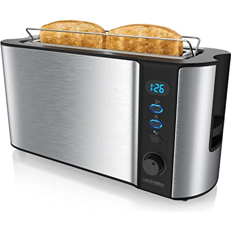 Arendo Frukost 2-Scheiben-Edelstahl Langschlitz-Toaster - Defrost Funktion - Wärmeisolierendes Doppelwandgehäuse - mit Brötchenaufsatz - Silber Edelstahl
