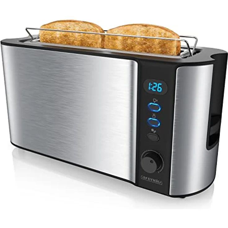 Arendo Frukost 2-Scheiben-Edelstahl Langschlitz-Toaster - Defrost Funktion - Wärmeisolierendes Doppelwandgehäuse - mit Brötchenaufsatz - Silber Edelstahl – Bild 1