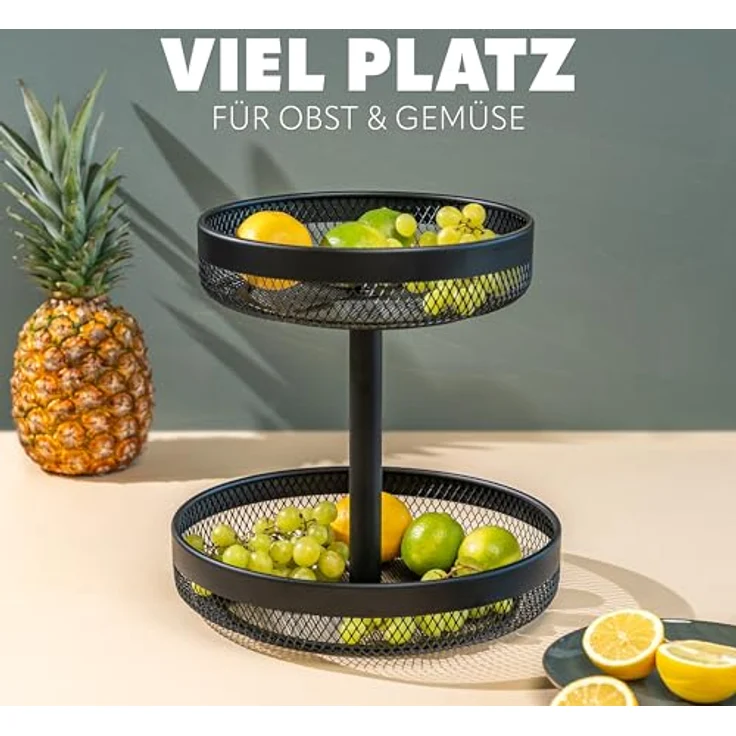 eluno 2-stöckige runde Obstetagere aus schwarzem Metall, vielseitig einsetzbar zur übersichtlichen Lagerung von Obst, Gemüse, Brot und Snacks, Ø 30 cm oben, 31,5 cm hoch – Bild 2
