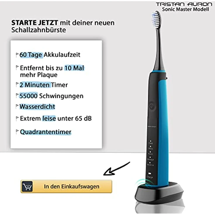 Tristan Auron Sonic Master Schallzahnbürste SonicMaster (Blau) mit 55.000 Schwingungen - 60 Tage Akku - 5 Putzmodi - 2 Min. Timer + inkl. Reiseetui und 6 Bürstenköpfe – Bild 5