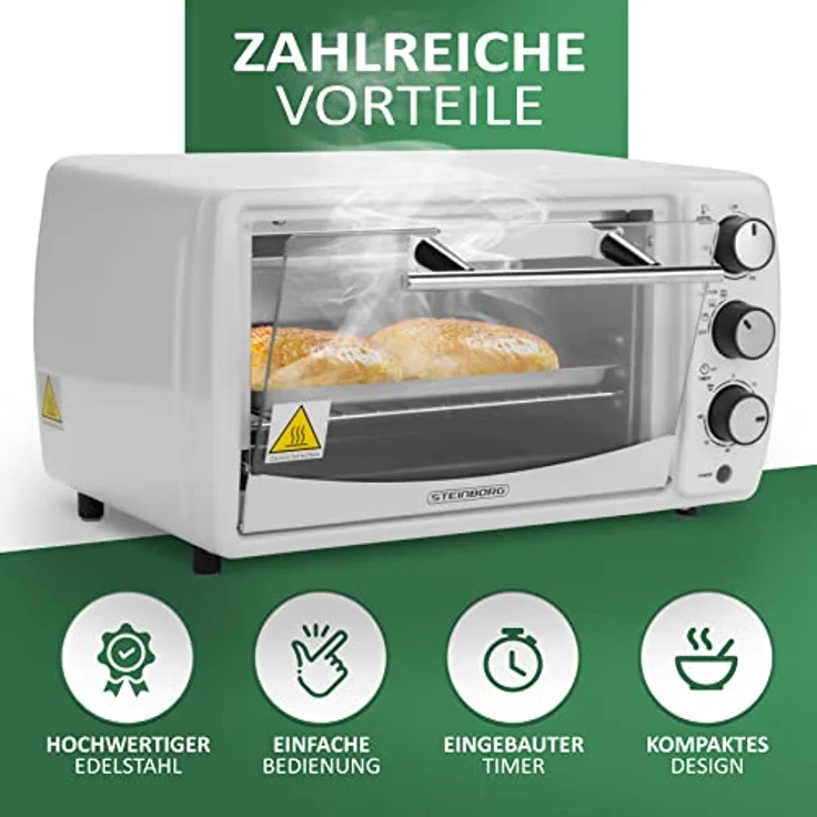 Mini Backofen 13 Liter 1200 Watt Pizzaofen 65°-230°C Timer aufklappbares Krümelblech Minibackofen Kleiner Oven – Bild 3