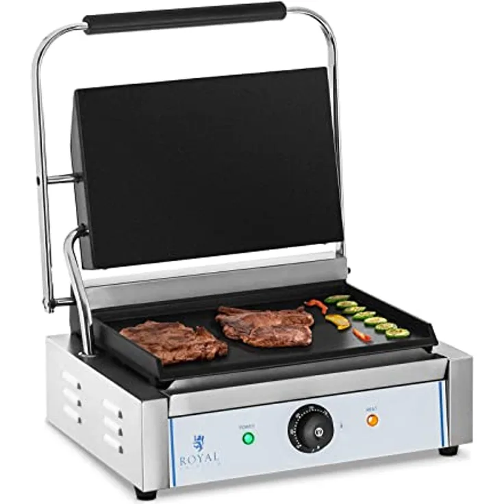 Royal Catering RCKG-2200-F Kontaktgrill Elektrogrill Sandwich Maker Panini Grill (Glatt, 2.200W, 300°C, Gusseisen emailliert, Edelstahl, 34,8 x 23cm) Silber