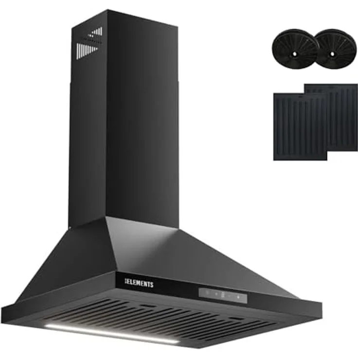 KB ELEMENTS Dunstabzugshaube Unterbau 60 cm, Touch- und Gestensteuerung, 650 m³/h, Doppelter Motor, Abluft/Umluft, mit Glasfront und LED-Beleuchtung