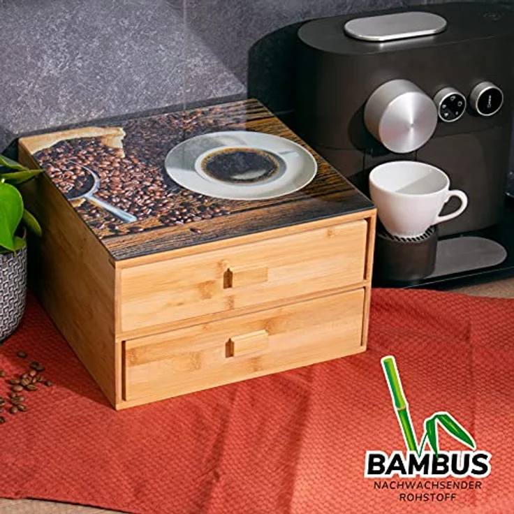 bremermann Kaffeekapsel-Box aus Bambus mit dekorativer Glasplatte, 16 Fächer für Kaffeekapseln und Teebeutel, ca. 30 x 18,5 x 30 cm – Bild 3