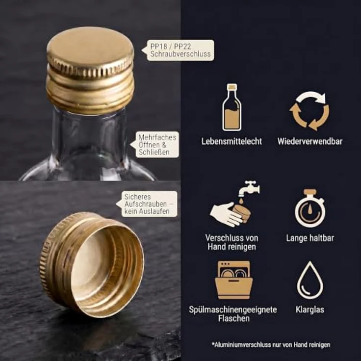gouveo Trinkflasche Glasflaschen 100 ml Maraska mit Schraub-Deckel - Kleine Flasche 0,1l, 24er Set, transparent-goldfarben – Bild 7