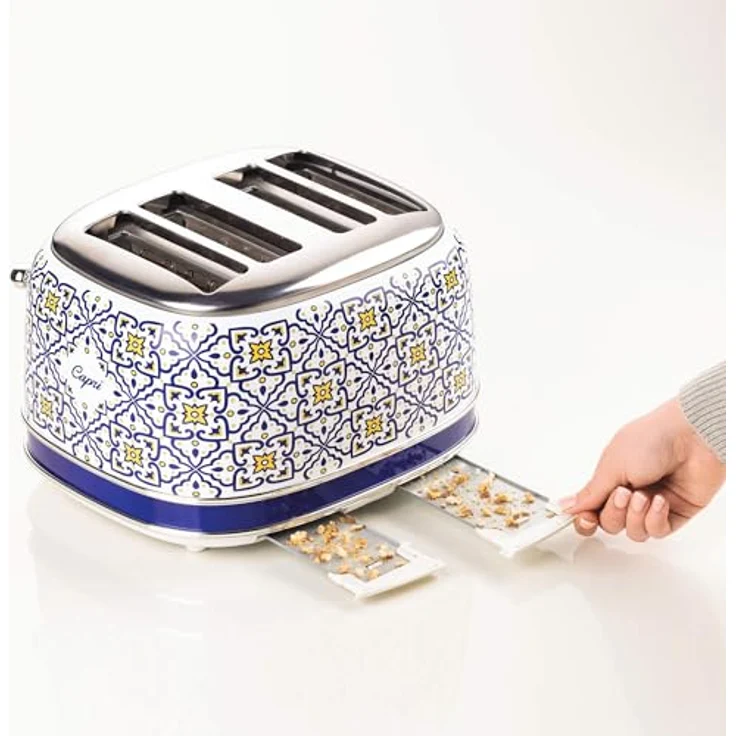 Ariete 156 Capri-Toaster, 1630 W, 4 Scheiben, 6 Bräunungsstufen, Krümelschublade, Defrost-Funktion, automatischer Auswurf, weiß und blau – Bild 3