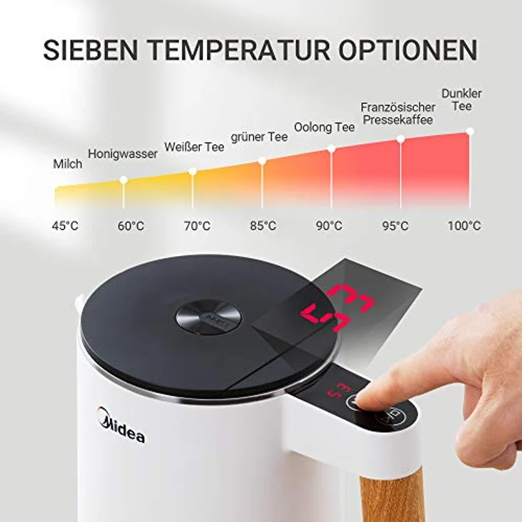 Midea Edelstahl Wasserkocher mit Temperatureinstellung, 1,5 Liter, 2200W, wasserkocher weiß, Teekocher mit Temperaturanzeige und Sicherheitsfunktionen,BPA frei – Bild 3