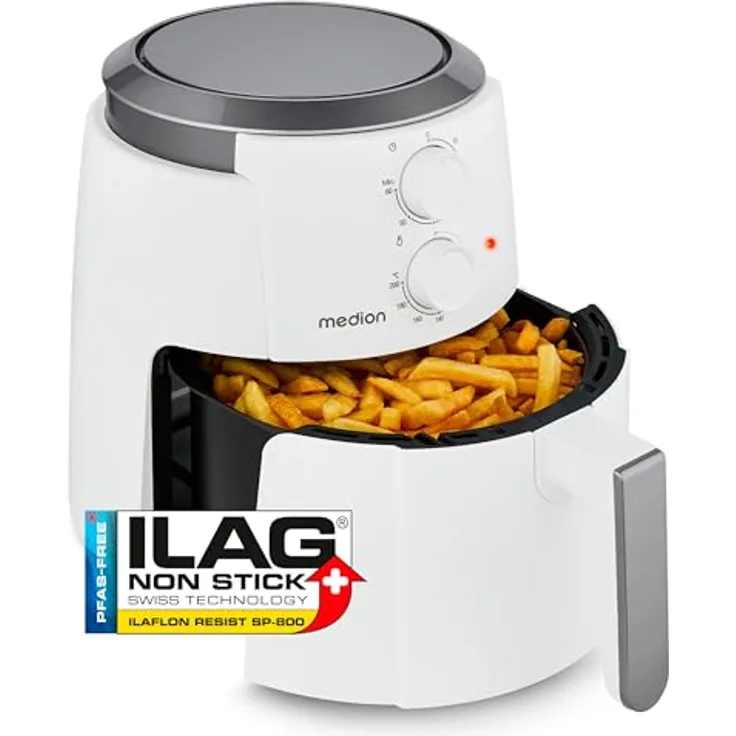 MEDION P30 L Heißluftfritteuse MD13020, 4,7 Liter, 1500 Watt, ölfreies Frittieren, 60 Min Timer, bis zu 200° C, Antihaft-Beschichtung