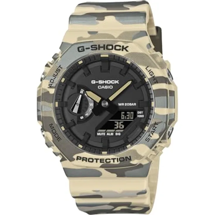 Casio G-Shock GA-2100CM-5AER, Herren-Armbanduhr mit schwarzem Zifferblatt, grünem Camouflageharzband, 5 Alarmen, Automatischem Kalender, Stoßfestigkeit und Weltzeitfunktion