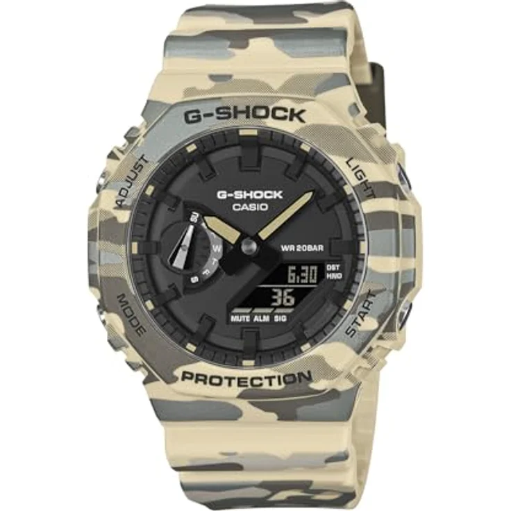 Casio G-Shock GA-2100CM-5AER, Herren-Armbanduhr mit schwarzem Zifferblatt, grünem Camouflageharzband, 5 Alarmen, Automatischem Kalender, Stoßfestigkeit und Weltzeitfunktion – Bild 1