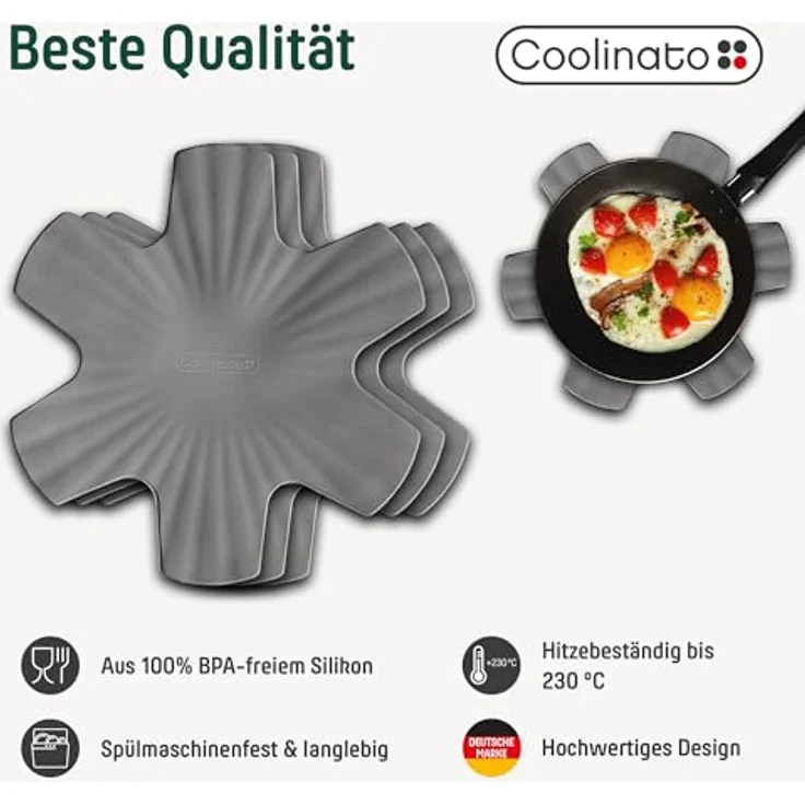 Coolinato Pfannenschoner 3er Set aus Silikon, 35 cm, grau, hitzebeständig bis 230 °C, spülmaschinengeeignet, Untersetzer und Pfannenschutz – Bild 3
