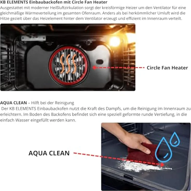 KB ELEMENTS ELK75EV1 Einbaubackofen 60 cm, 73 Liter, Aqua Clean, Circle Fan Heater, Wide-Screen-Window, versenkbare Drehknebel, 3000 Watt – Bild 3