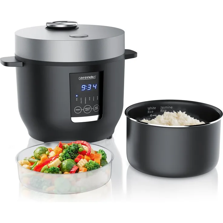 Arendo Reiskocher Digitaler Multikocher, 2 L, 350 W, 5 Kochprogramme, Timer, Warmhaltefunktion, dampfgaren, antihaftbeschichteter Gartopf, inkl. Reislöffel & Messbecher