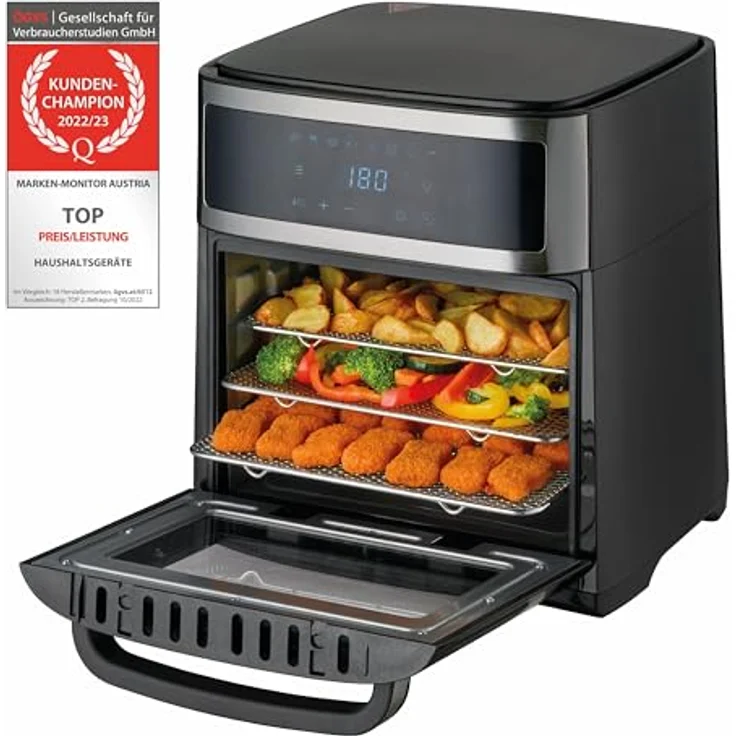 TZS First Austria Heißluftfritteuse 13L, Heißluftofen, Minibackofen, Airfryer, Dörrautomat, Umluft, digital, 8 Programme, 5L Antihaft-Edelstahlkorb, 1700W, 12-Stunden-Timer, ohne Öl – Bild 1