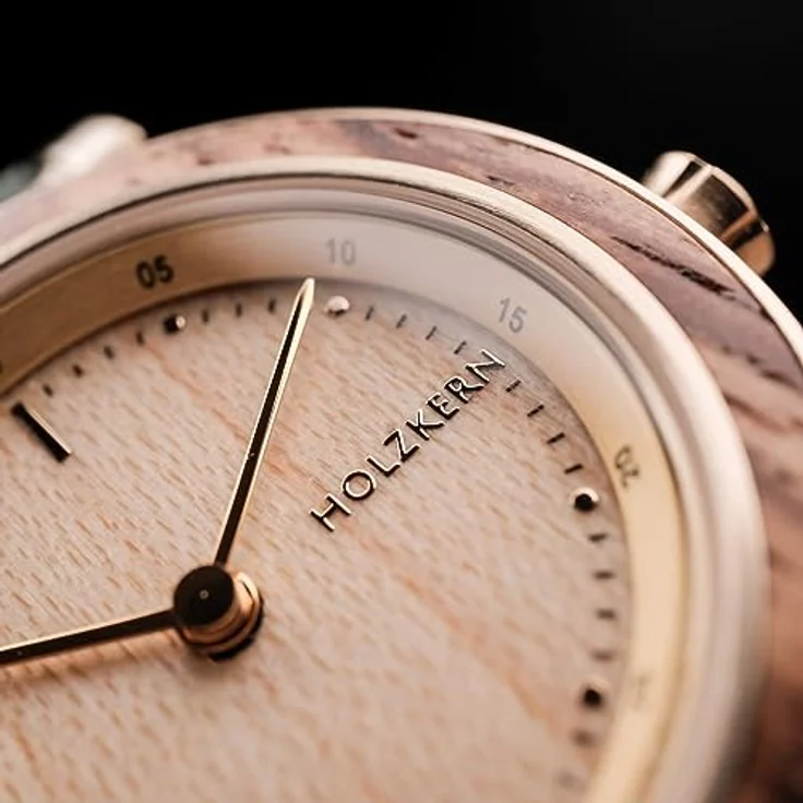 HOLZKERN Damenuhr Quarz Laura Zebrano/Eiche, elegante Armbanduhr mit goldbeschichtetem Edelstahl und grünem Lederband, spritzwassergeschützt – Bild 5